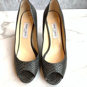 Jimmy Choo genuine leather snakeskin peep toe heels grey US l0.5 European 40.5